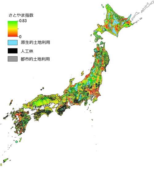 日本全国のさとやま指数を示したマップ
