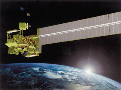 2002�N�Q���ł��グ�\���ADEOS-II�q�����ڃZ���T�[ILAS-II���C�O����œ��v���ϑ����s���Ă���l�q�i�z���}�j�D 