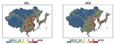 �}&nbsp;&nbsp;���A�W�A�n��̓�_�������iSO2�j�C���f�_�����iNOx�j�̔����ʃ}�b�v