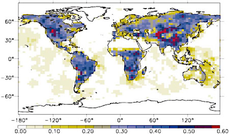 �}�P�@GOSAT�ϑ��f�[�^�̗��p�ɂ��\�z�����z���E�r�o�ʂ̕s�m�����̒ጸ��  �V�F�o���G��i2009�j�����p�B�Z���F�ɂȂ�قǁi�������ԁj�s�m�������ጸ�����B�s�m�����̏����l���Tg/m2/day�Ƃ��Čv�Z�B�i�q�T�C�Y�F�R�x�~�R�x�i�ܓx�~�o�x�j�B