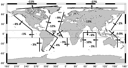 �}�Q�@�_������ɂ�鐢�E�̉͐여�ʂւ̉e���̐���@�@1987�N�̌��P�ʂ̉͐여�ʂ��A�_�������𒙂߂���A���������肷�邱�Ƃɂ���āA�ő�łǂꂭ�炢�ω����Ă��邩�𐄒肵���B���̐}�͉͐여�ʂ��ł������������̕ω������������Ă���i���F�_�����������邱�Ƃɂ���āA���ʂ������錎������j�B