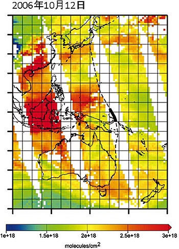 �}�R�@AIRS�iAtmospheric Infrared Sounder�j�q���Z���T�[�ɂ���Ċϑ����ꂽ����A�W�A�ɂ�����Η�����_���Y�f�Z�x�̕��z�@�@�iNara et al., CO emissions from biomass burning in Southeast Asia in the 2006 El Ni&ntilde;o year: Shipboard and AIRS satellite observations,Environ. Chem., 8, 213-223,2011�j