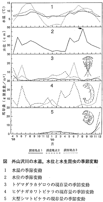 図  外山沢川の水温，水位と水生昆虫の季節変動