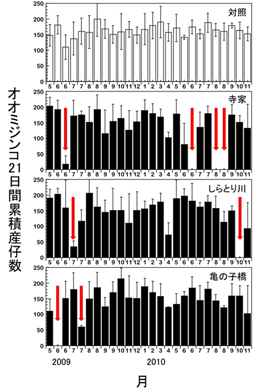「オオミジンコ21日間累積産仔数の経年変化」を示したグラフ