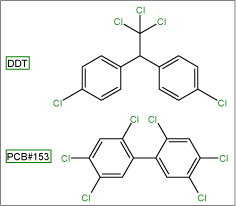 （DDT、PCB#153の構造式）有機塩素化合物の構造のうち、DDTとPCB#153の例を示します。DDTはトリクロロエタンに二つの塩素化ベンゼンが結合した構造、PCB#153はビフェニル骨格の二つのベンゼン環に3個ずつの塩素が置換した構造をしています。