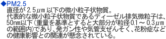 PM2.5：直径が2.5μm以下の微小粒子状物質。代表的な微小粒子状物質であるディーゼル排気微粒子は50nm以下（重量を基準とすると大部分が粒径0.1～0.3μmの範囲内）であり、発ガン性や気管支ぜんそく、花粉症などの健康影響との関連が懸念されている。