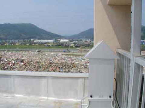 Surveying air using an atmospheric extraction sampler set up in the environs of an evacuation shelter in Ishimaki City, Miyagi Prefecture (from June 2011) 
