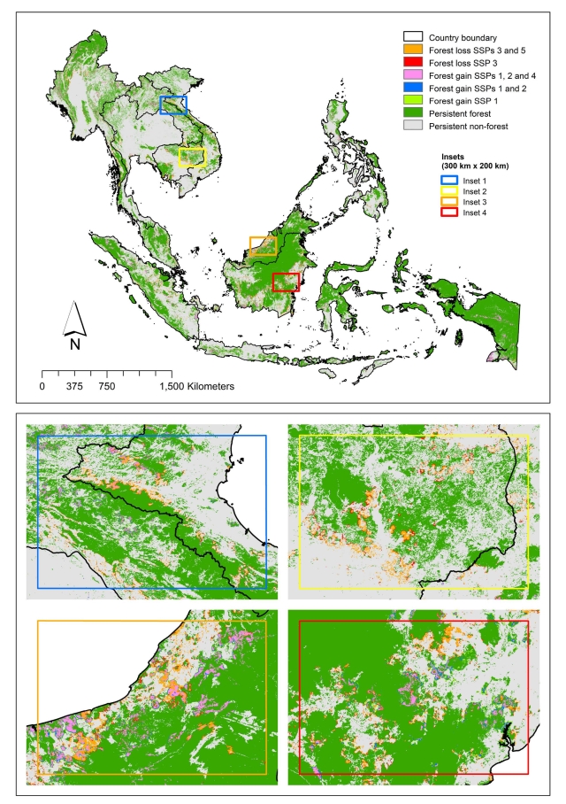 Figure1. Maps showing the spatially allocated projected forest cover changes in Southeast Asia under the five shared socioeconomic pathways (SSPs) (2015–2050)