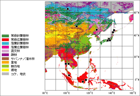 第2図 本研究対象の森林観測地点分布と土地分類
