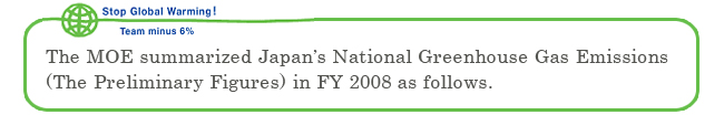 The MOE summarized Japan’s National Greenhouse Gas Emissions(The Preliminary Figures) in FY 2008 as follows.  