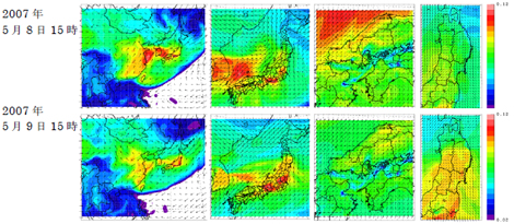 図1 VENUS による光化学オキシダント濃度の予測結果(単位はppm)。
濃度は0.02ppm から0.12ppm までの20 色で表す。