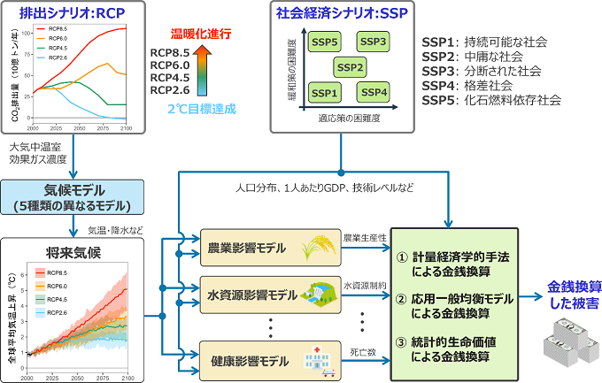 地球温暖化による被害の金銭換算の流れを表した図