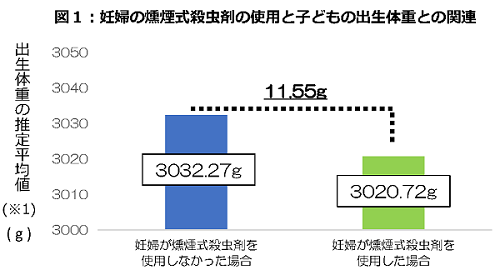 妊婦の燻煙式殺虫剤の使用と子どもの出生体重との関連を表した図