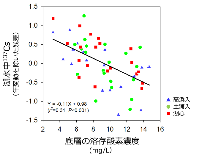 霞ヶ浦3地点における湖水中の溶存態放射性セシウム137（137Cs）濃度と底層の溶存酸素濃度の関係を表した図