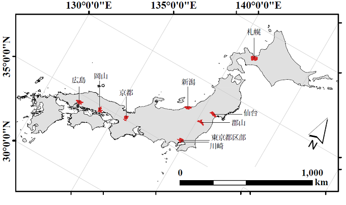  分析を行った9つの都市を示した図