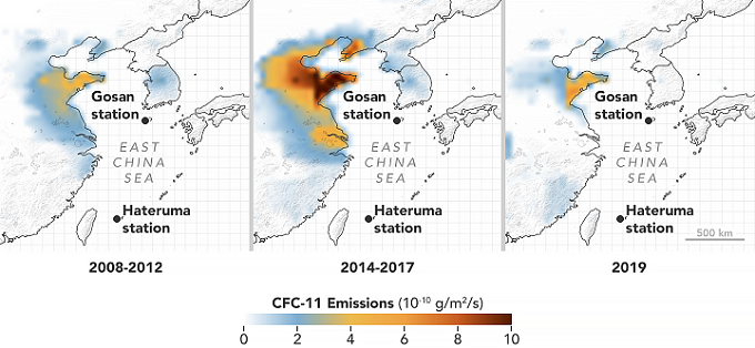 推定されたCFC-11の放出量分布の推移を時系列で表した図