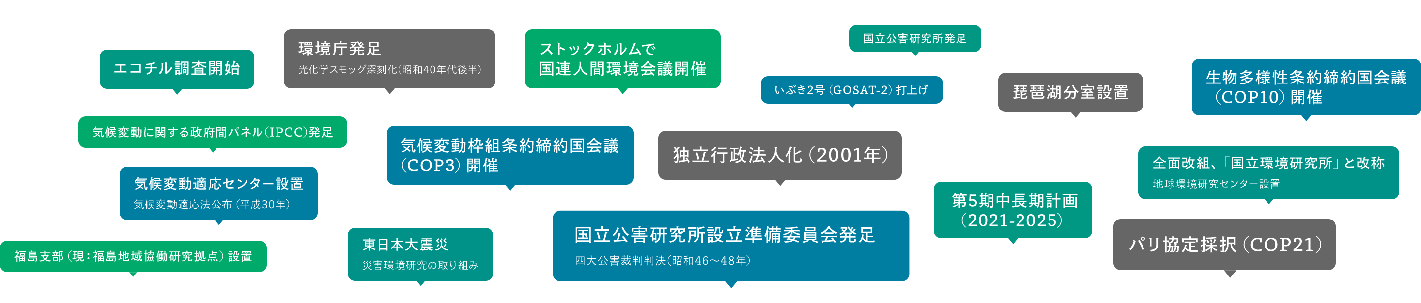 環境庁発足、ストックホルムで国連人間環境会議開催、国立公害研究所発足、気候変動適応法公布、第5期中長期計画(2021-2025)、国立公害研究所設立準備委員会発足、全面的改組、「国立環境研究所」と改称、地球環境研究センターの新設、気候変動適応法公布、国立公害研究所発足、環境庁発足、国立公害研究所設立準備委員会発足