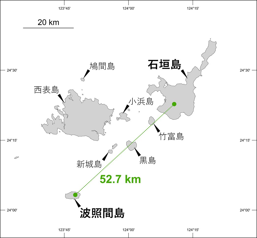 図１
            波照間島の標識地点と石垣島の再発見地点の位置関係
            