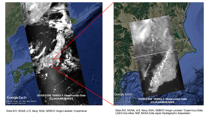 Observation images of TANSO-3 around Japan in Wide Mode (July 20, 2025) and Tokyo in Focus Mode (July 17, 2025) .