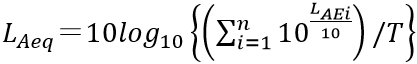 通過列車ごとの単発騒音暴露レベル（LAE）からの等価騒音レベル（LAeq）算出式