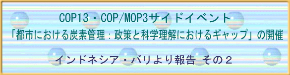 COP13・COP/MOP3サイドイベント「都市における炭素管理：政策と科学理解におけるギャップ」の開催　インドネシア・バリより報告その２