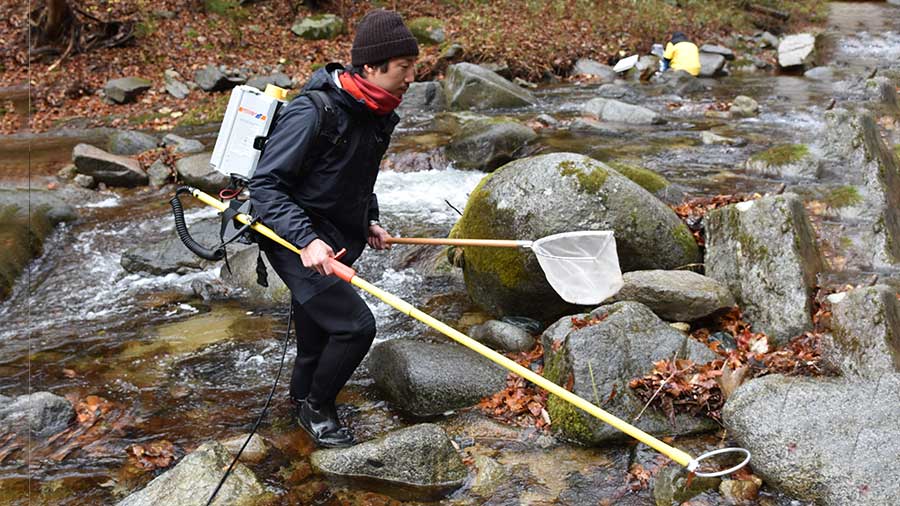 川で調査する境主任研究員