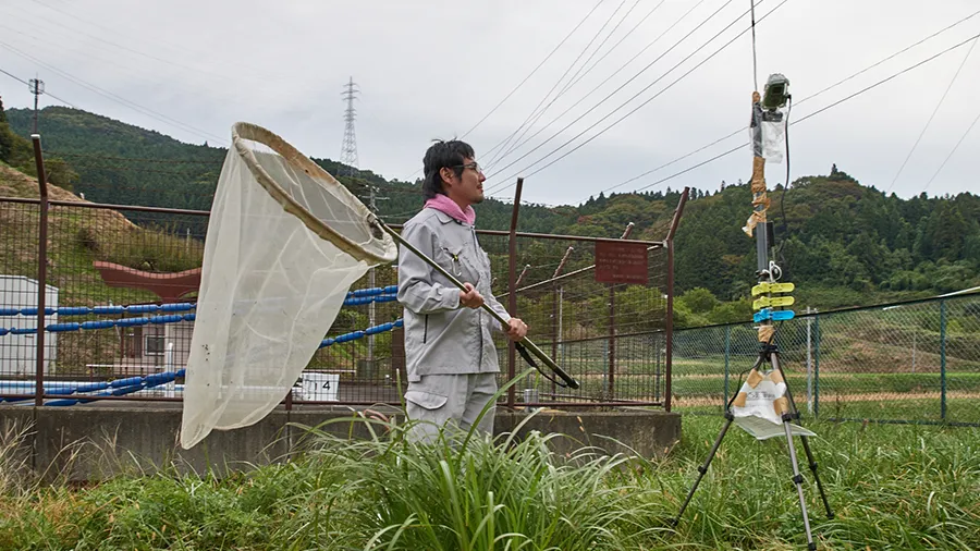 赤とんぼ自動撮影装置と、虫取り網をもつ吉岡主幹研究員