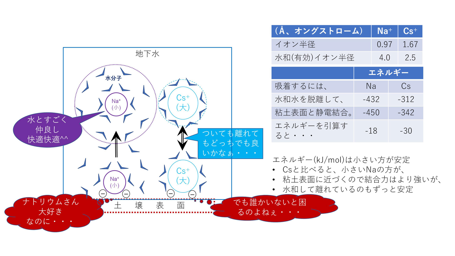 吸着前後のエネルギー差を考えたナトリウムとセシウムの吸着しやすさ