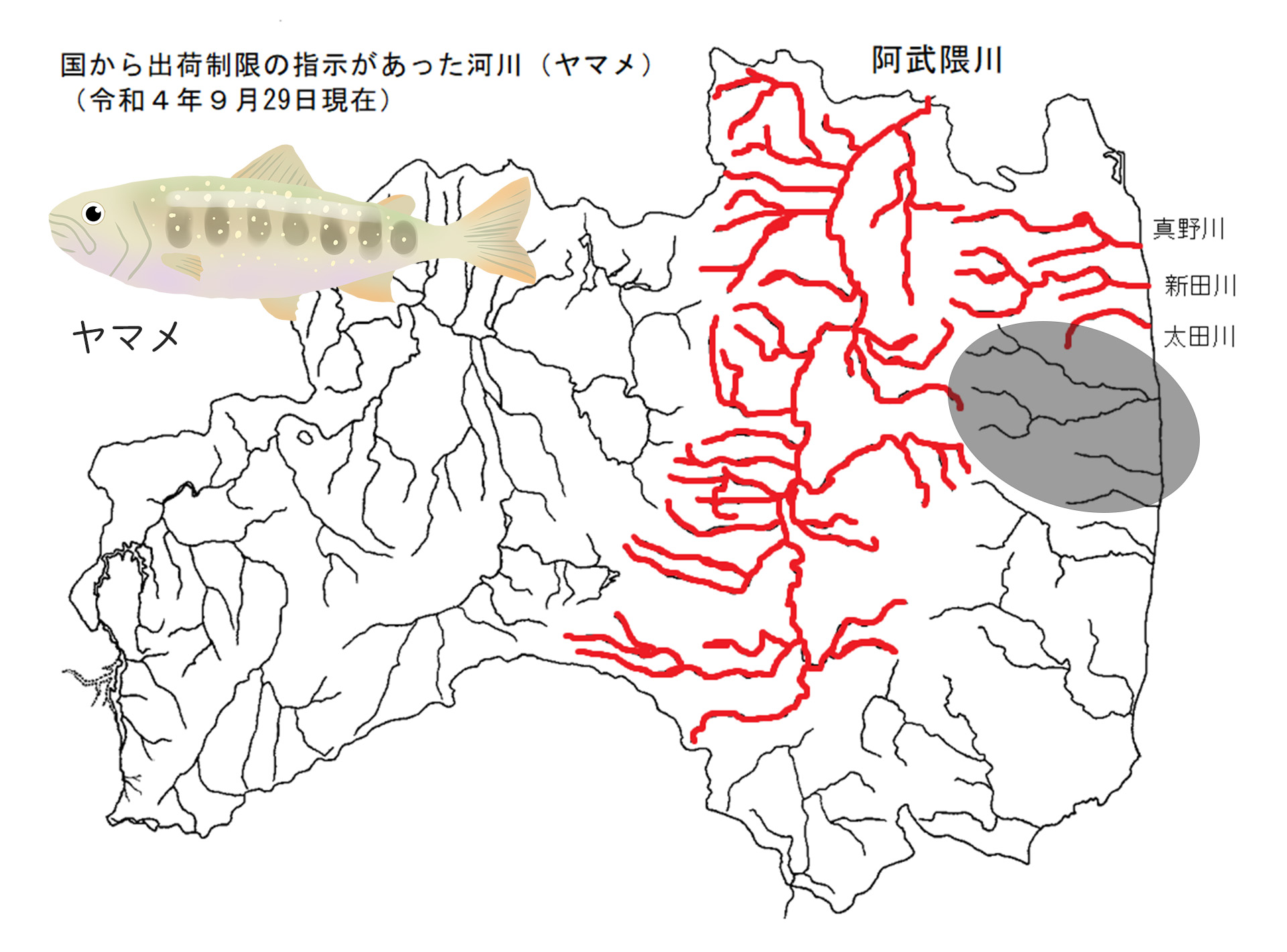 ヤマメの出荷制限河川を赤で表示した福島県の地図