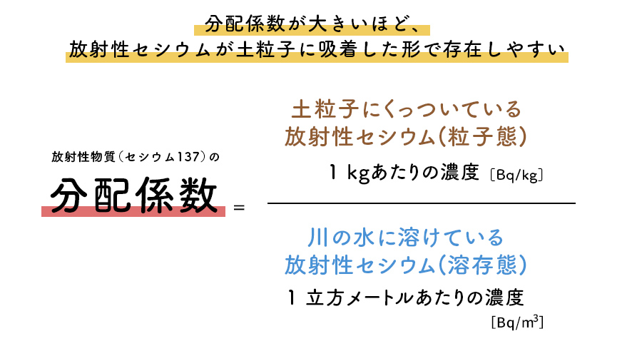 分配係数の計算式 放射性物質(セシウム137)の分配係数(※観測上)=土粒子にくっついている放射性セシウム(粒子態)1kgあたりの濃度/川の水に溶けている放射性セシウム(溶存態)1立方メートルあたりの濃度