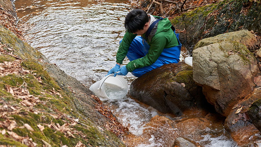 川から採水を行う様子。周りには大量の落葉