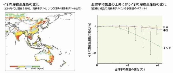 図：イネの潜在生産性の変化・全球平均気温の上昇に伴うイネの潜在生産性の変化