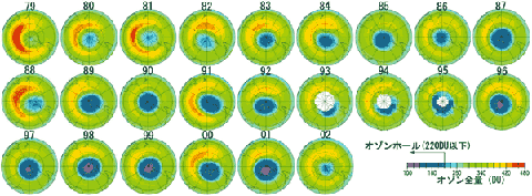 米国人工衛星センサTOMS観測に基づく南極上空オゾン全量の図