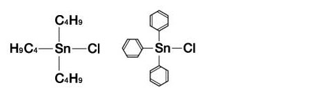 塩化トリブチルスズの構造式（左）、塩化トリフェニルスズの構造式（右）