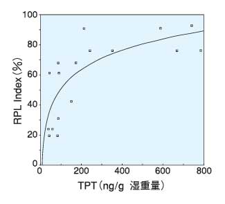 TPTのイボニシ体内濃度とインポセックス症状との相関図