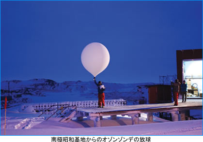 南極昭和基地からのオゾンゾンデの放球の写真