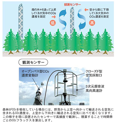 微気象学的方法によるフラックス観測の原理と、渦相関法によるフラックス観測センサーの図