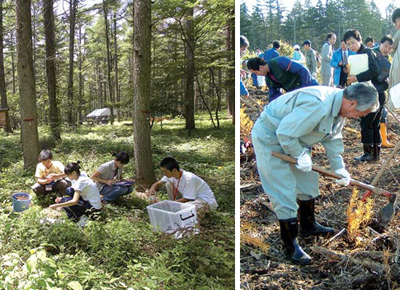 サイエンスキャンプ（富士北麓）（左）と カラマツ記念植樹（北海道・手塩）（右）の写真