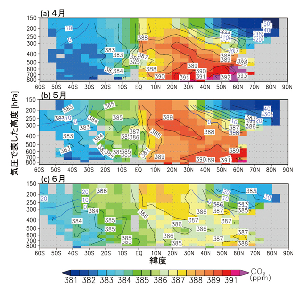 二酸化炭素濃度の南北断面図