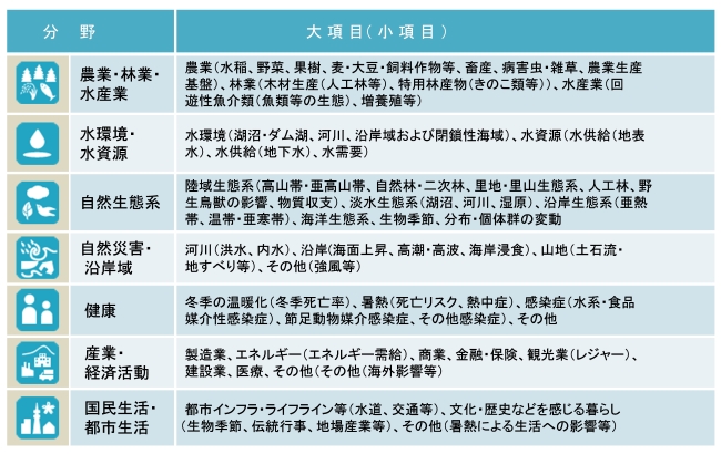 気候変動による影響が懸念される分野の表