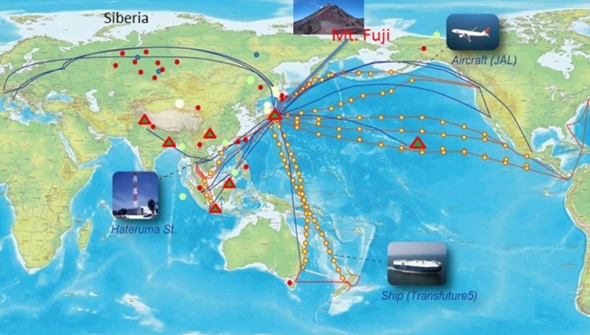 研究所で行っている主な温室効果ガス観測の場所の図（クリックすると拡大画像がポップアップします）