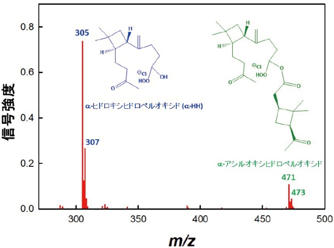 （β-カリオフィレン＋ピノン酸＋塩化ナトリウム水溶液の液滴）＋（オゾンガス）の不均一反応によって気液界面に生成する過酸化物の質量スペクトルに生成する過酸化物の質量スペクトルの図