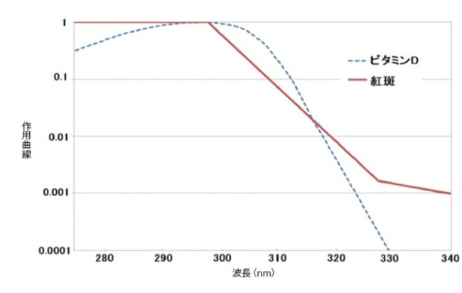 紅斑紫外線とビタミンD生成紫外線の作用スペクトルの図