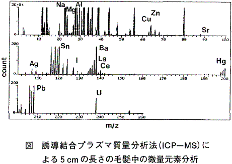図 誘導結合プラズマ質量分析法(ICP−MS)による5cmの長さの毛髪中の微量元素分析