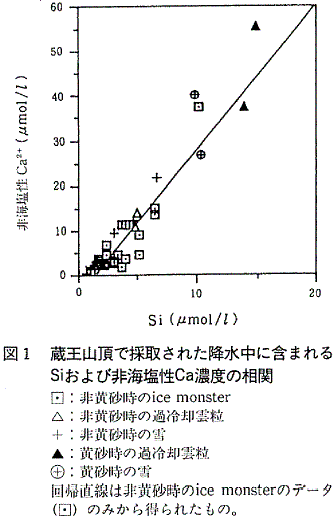 図1  蔵王山頂で採取された降水中に含まれるSiおよび非海塩性Ca濃度の相関