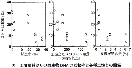 図 土壌試料からの微生物DNAの回収率と各種土性との関係