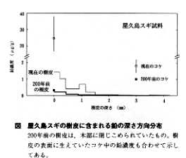 図  屋久島スギの樹皮に含まれる鉛の深さ方向分布