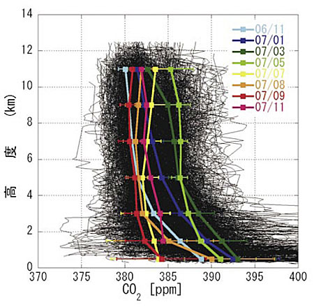 図４　観測された成田空港上空のCO2濃度の月平均分布（2006年11月から2007年11月。実測のデータが黒い線で表されている。）