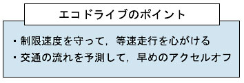 エコドライブのポイント　・制限速度を守って、等速走行を心がける　・交通の流れを予測して、早めのアクセルオフ