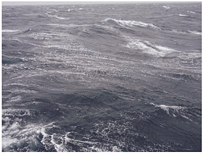 写真２　冬の北太平洋亜寒帯域の海面　表面にある泡はすぐに消えずに風に流されて，筋模様を作ります。（北緯47度，東経160度）